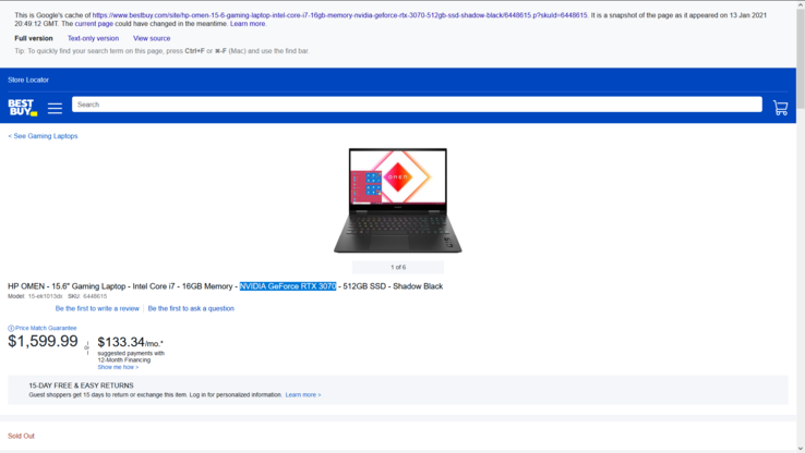 L'"HP Omen 2021" sull'elenco (cache). (Fonte: Best Buy via Google)
