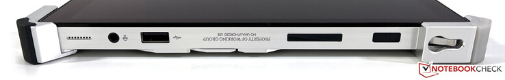 Lato destro: stereo da 3,5 mm, USB-A 3.2 Gen.1, bilanciere del volume, pulsante di alimentazione