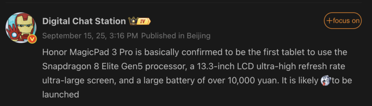 Sono trapelati i dettagli del MagicPad 3 Pro di Honor. (Fonte immagine: Weibo - traduzione automatica)