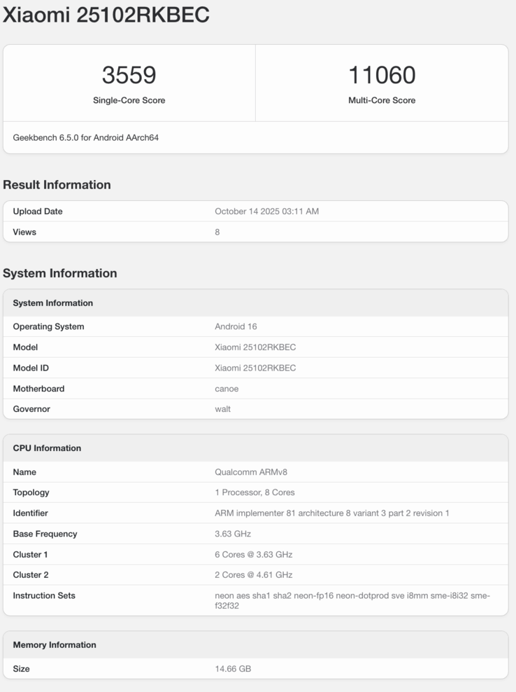 Elenco Geekbench del Redmi K90 Pro. (Fonte immagine: Geekbench)