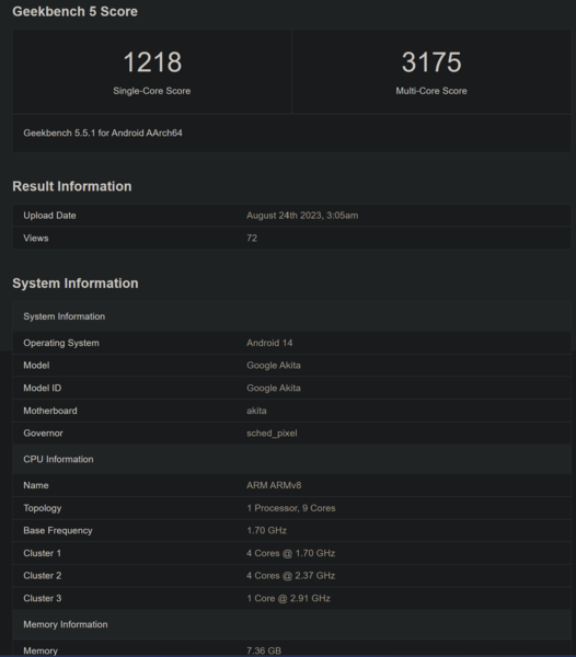 Google Pixel 8a su Geekbench (immagine da Geekbench)