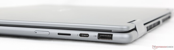 A destra: Pulsante di accensione, lettore MicroSD, USB-C 4.0 con Thunderbolt 4, DisplayPort 2.1 + Power Delivery 3.0, USB-A 3.2 Gen. 1