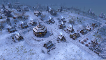 Un'immagine che ritrae un villaggio innevato in *Farthest Frontier*.
