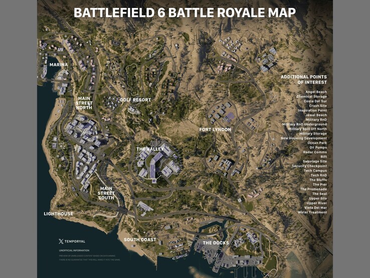 Presunta mappa di Battlefield 6 battle-royale con luoghi e punti di interesse. (Fonte immagine: Battlefield subreddit, via temporyal)