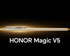 Il Magic V5 nella sua vociferata opzione di colore 'Silk Gold'. (Fonte immagine: Honor - modificato)