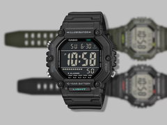 Un'immagine di Casio AE-1600HX-1BV sovrapposta a due orologi.