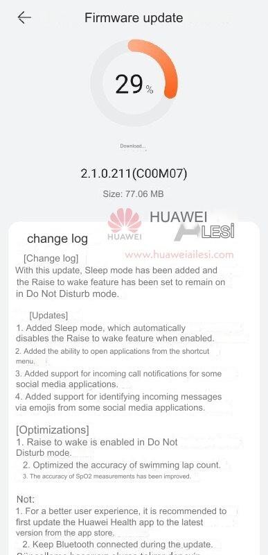 Huawei Watch Fit 2 versione software 2.1.0.211 changelog. (Fonte immagine: Huawei Ailesi con Google Translate)