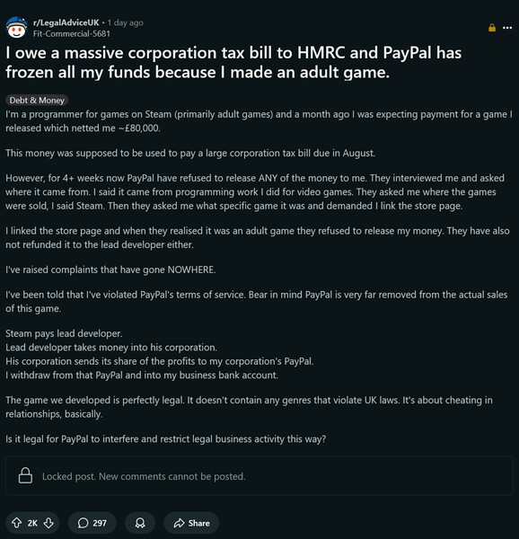 Controversia di PayPal con il programmatore di giochi per adulti Post su Reddit (Fonte immagine: screenshot, subreddit Legal Advice UK)
