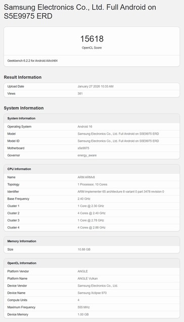 Un presunto Exynos 2700 nel test OpenCL di Geekbench.