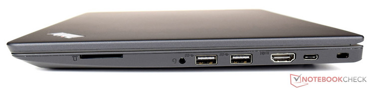 Right: SD reader, 3.5-mm jack, 2x USB 3.0, HDMI, USB Type-C (Gen. 1), Kensington Lock