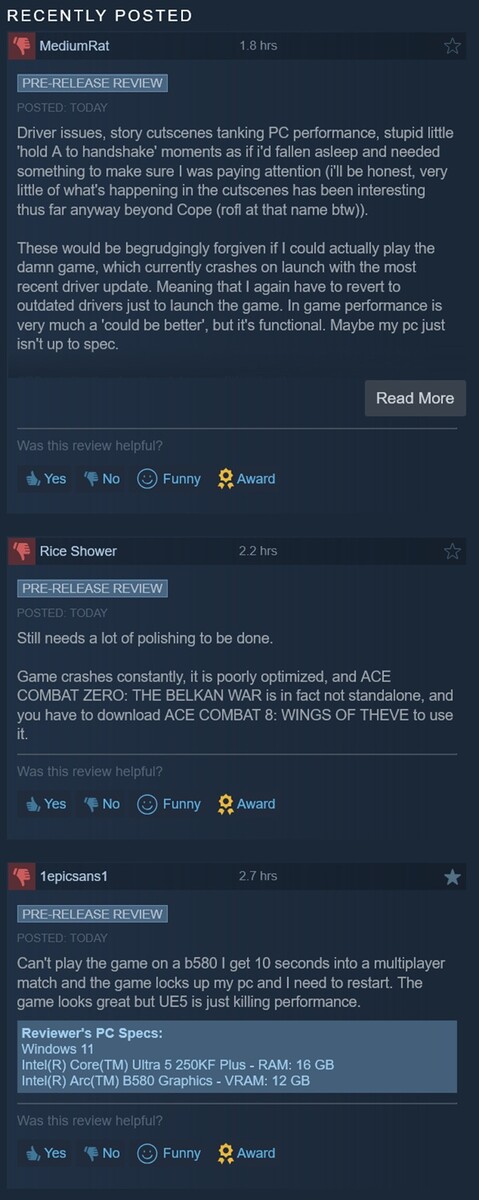 Recensioni negative di Ace Combat 8: Wings of Theve mostrate su Steam
