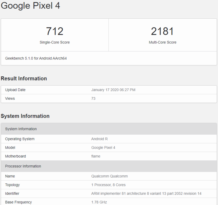 Il punteggio apparso su Geekbench