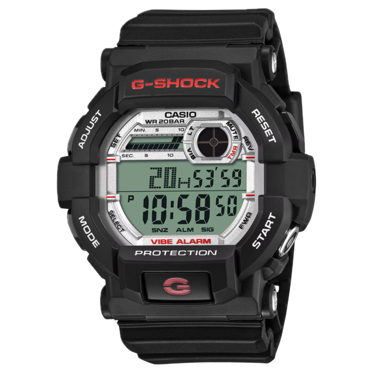 Vista frontale del G-Shock GD-350S che ne mette in risalto la cassa nera e il display digitale.