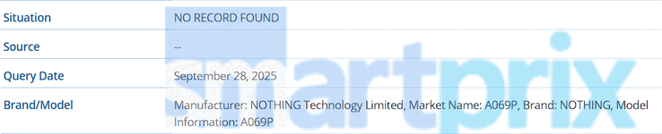 Elenco del database IMEI per un telefono Nothing con numero di modello A069P (Fonte immagine: Smartprix)