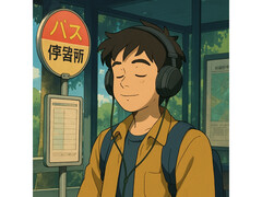 Un'illustrazione generata dall'AI nello stile delle opere dello Studio Ghibli. Mostra un giovane uomo seduto serenamente alla stazione degli autobus mentre ascolta la musica. (Fonte immagine: Generato con ChatGPT)