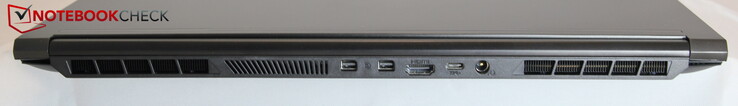 Lato posteriore: 2x Mini DisplayPort 1.4 (G-SYNC compatibile), 1x HDMI 2.0 (con HDCP 2.2), 1x USB-C 3.2 Gen 2 (noDisplayPort, no Power Delivery), alimentazione