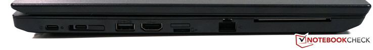 A sinistra: USB-C Gen.1, connettore side-dock (USB-C Gen.1 + network), USB 3.1 Type-A, HDMI 1.4b, nano-SIM, microSD, RJ45, SmartCard