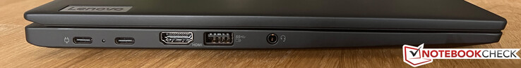 A sinistra: 2x USB-C 4.0 (40 GBit/s, Power Delivery 3.0, DisplayPort Alt Mode 1.4), HDMI 2.1, USB-A 3.2 Gen.1 (5 GBit/s, alimentato), audio 3,5 mm