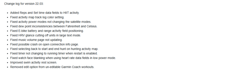 Le note di rilascio per l'aggiornamento Garmin beta versione 22.03 per il Fenix 7. (Fonte: Garmin)