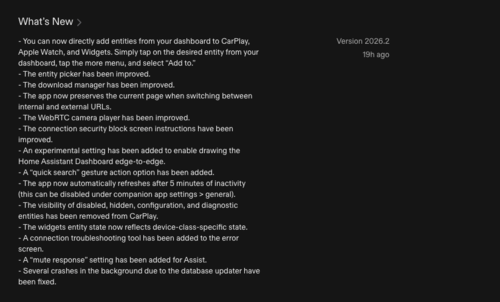 Il registro delle modifiche per l'app Home Assistant iOS versione 2026.2