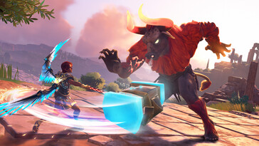 Un'immagine che mostra una battaglia contro un minotauro in Immortals Fenyx Rising.