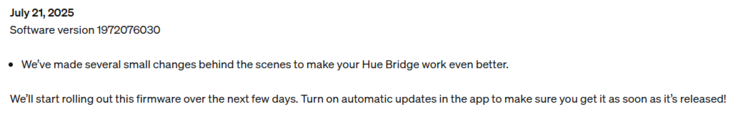 Le note di rilascio della versione del firmware di Philips Hue Bridge 1972076030. (Fonte: Philips Hue)