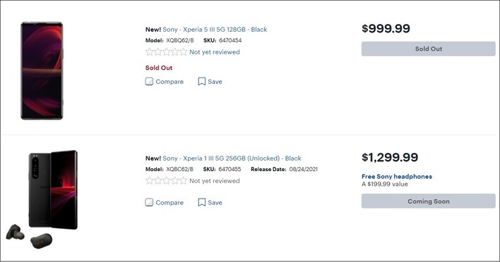 Prezzi di Sony Xperia 5 III e Xperia 1 III. (Fonte immagine: Best Buy)