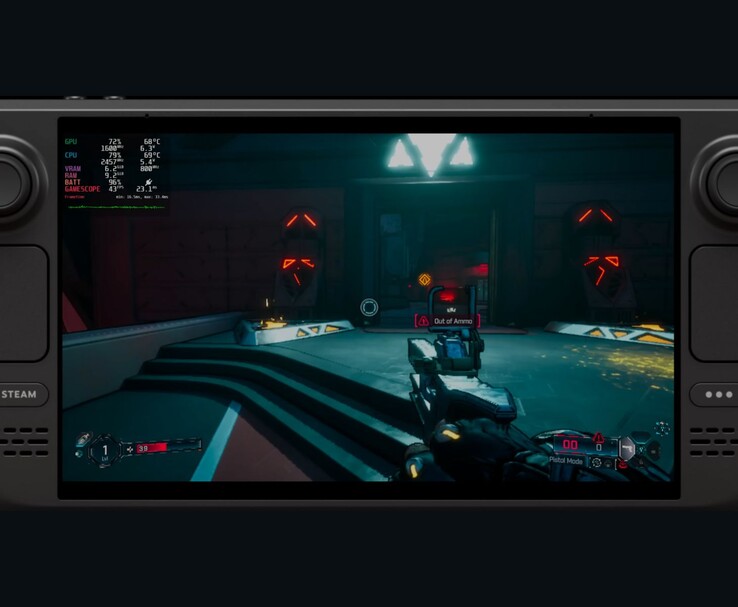 Il gameplay di Borderlands 4 in esecuzione sullo Steam Deck, che mostra un overlay delle prestazioni sullo schermo con statistiche di GPU, CPU, VRAM e FPS visibili durante il gioco (Fonte immagine: ETA PRIME via YouTube)