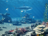 La schermata del DLC gratuito InZOI Island Getaway dedicata allo snorkeling mostra squali e pesci in acque poco profonde