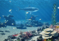La schermata del DLC gratuito InZOI Island Getaway dedicata allo snorkeling mostra squali e pesci in acque poco profonde