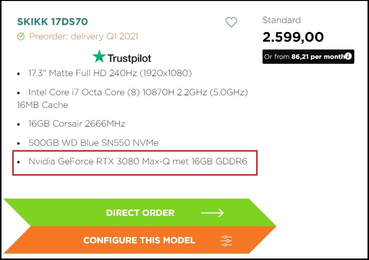 Nvidia GeForce RTX 3080 mobile GPU. (Image source: SKIKK)
