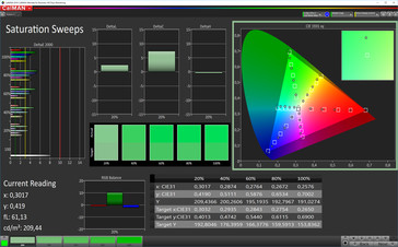 CalMAN: Colour Saturation – Profilo cromatico standard caldo, spazio colore target P3