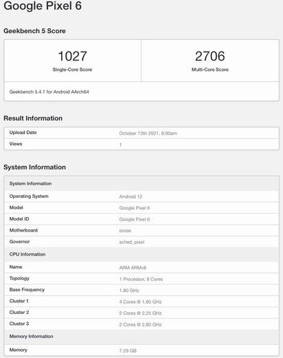 Google Pixel 6. (Fonte: Geekbench via MySmartPrice)