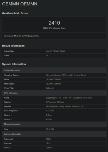 Punteggi Geekbench di Snapdragon X Plus X1P64100 (immagine via Geekbench)