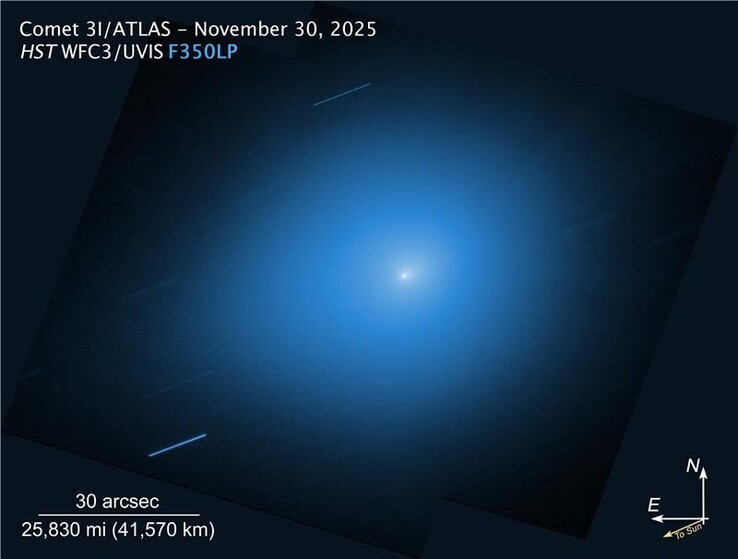 Immagine scattata dal Telescopio Spaziale Hubble il 30 novembre 2025, che mostra la cometa 3I/ATLAS. (Fonte dell'immagine: NASA, ESA, STScI, D. Jewitt (UCLA), M.-T. Hui (Osservatorio Astronomico di Shanghai). Elaborazione delle immagini: J. DePasquale (ST