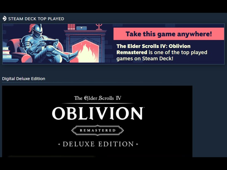 Uno screenshot di un banner pubblicitario su Steam che promuove *The Elder Scrolls IV: Oblivion Remastered* come uno dei giochi più giocati su Steam Deck.