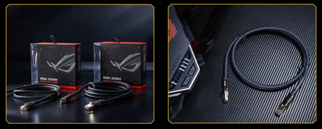 Asus ROG Zoom. Una guaina intrecciata ad alta densità lo protegge dall'abrasione e dalla trazione, mentre i connettori RJ-45 utilizzano una schermatura in rame placcato oro.