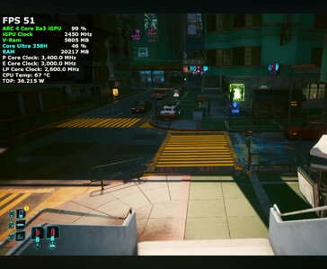 Cyberpunk 2077 in esecuzione su mini PC Intel Core Ultra 7 356H a 51 FPS