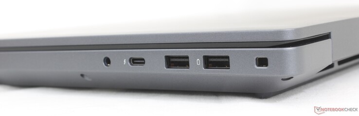 A destra: cuffie da 3,5 mm, USB-C Thunderbolt 4 (40 Gbps) con DisplayPort 2.1 + Power Delivery, USB-A 3.2 Gen. 1, slot di blocco