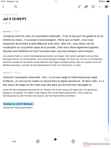 Nella prova, la trascrizione e la traduzione dal francese erano di ottima qualità; mancano solo poche parole.