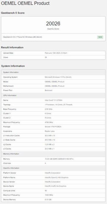 Con un Core i7-13700H e 16 GB di memoria. (Fonte: Geekbench)