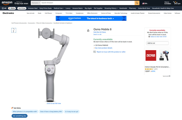 Un'inserzione del prodotto Osmo Mobile 8 con un'immagine del prodotto Osmo Mobile 4 utilizzata come segnaposto. (Fonte immagine: Amazon)