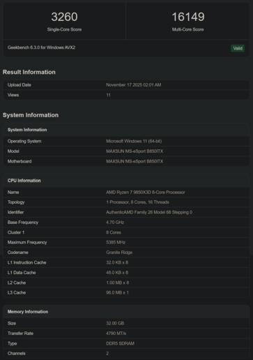 Ryzen 7 9850X3D, elenco di Geekbench (fonte: Geekbench)