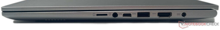 A destra: lettore microSD, jack audio combo da 3,5 mm, USB 3.2 Gen1 Type-C, USB 3.2 Gen1 Type-A, HDMI 1.4-out, DC-in