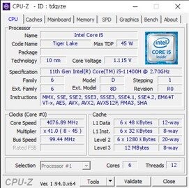Intel Core i5-11400H. (Fonte immagine: CPU-Z Validator)