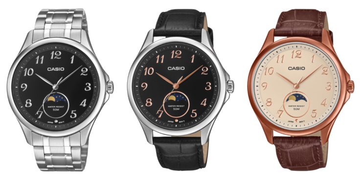 Da sinistra a destra: gli orologi Casio MTP-M110D-1AV, MTP-M110L-1AV e MTP-M110RL-5AV. (Fonte: Casio)