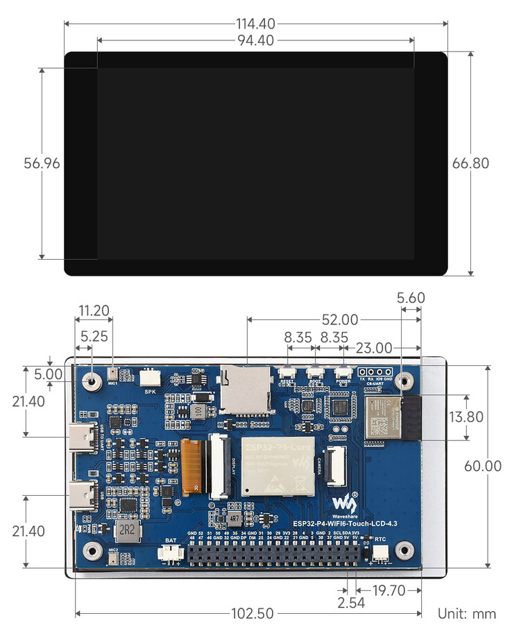 Disegno meccanico del display touch ESP32-P4 da 4,3 pollici con dimensioni dettagliate della scheda e dell'involucro (in mm)