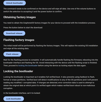 Come lo strumento di recupero online Pixel, sono sufficienti 4 clic attraverso un programma di installazione online per installare Graphene (Fonte immagine: GrapheneOS)
