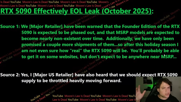 Secondo quanto riferito, la fornitura di RTX 5090 si ridurrà notevolmente nei prossimi mesi. (fonte immagine: Moore's Law Is Dead)