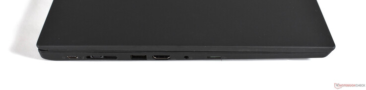 A sinistra: 2x Thunderbolt 4, miniEthernet/docking, USB A 3.2 Gen 1, HDMI 2.0, 3.5mm audio, microSD